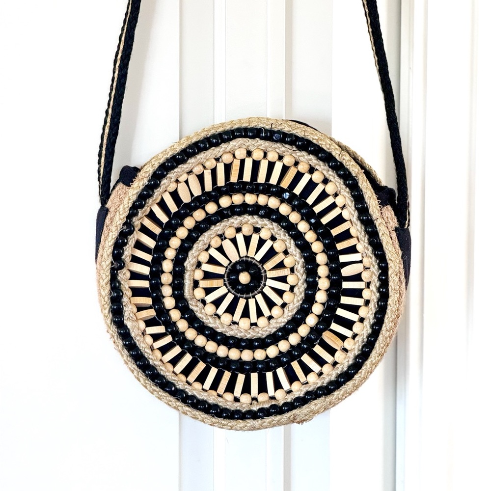 Stylish Studio Collection Wood Bead Woven Round Crossbody Bag